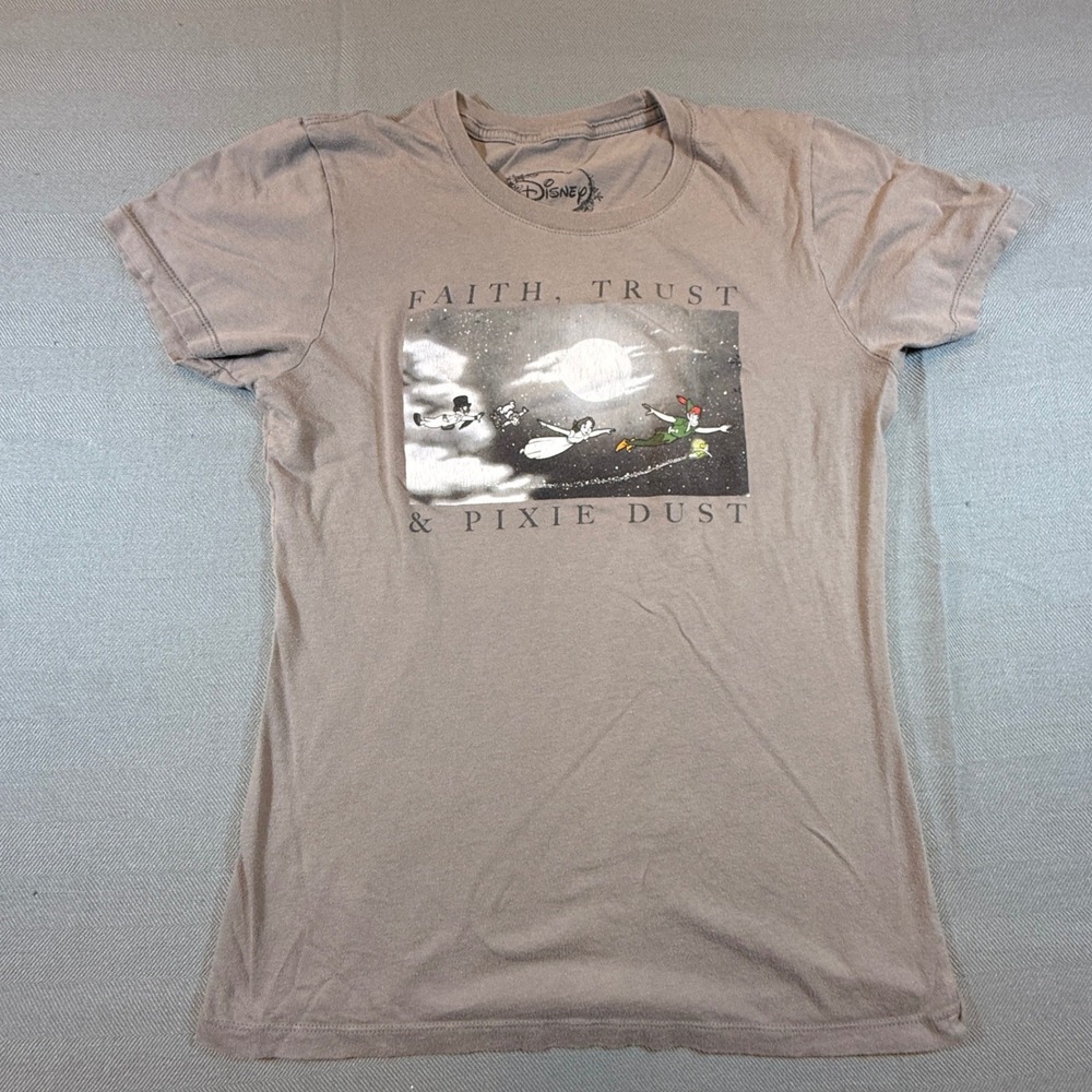 Disney Peter Pan Faith Trust Pixie Dust Graphic T-Shirt Tan Brown Medium 2364